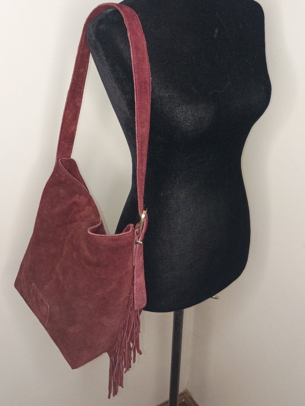 HAUTE HIPPIE Deep Red Suede Leather Fringed Slouchy Shoulder Bag--Hippie-Boho
